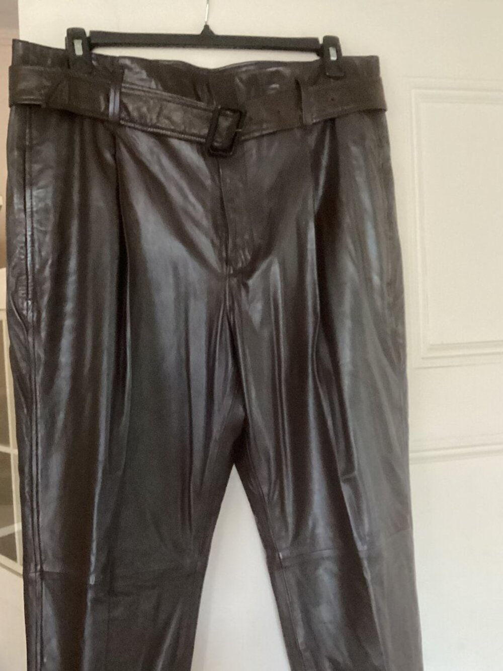 NWT! $998 Polo Ralph Lauren Dk Brown Lamb Leather High-Rise Belted Pants, Sz 14